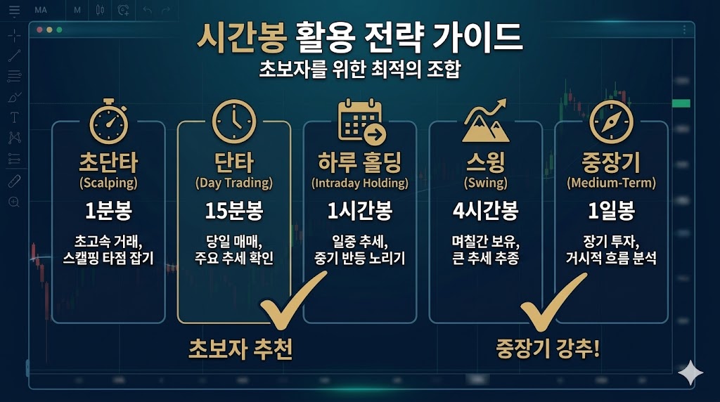 초단타(1분봉), 단타(15분봉), 하루 홀딩(1시간봉), 스윙(4시간봉), 중장기(1일봉) 등 매매 호흡에 따른 최적의 시간봉 조합을 설명하는 인포그래픽. 초보자 추천 및 중장기 강추 조합이 체크 표시로 강조됨.