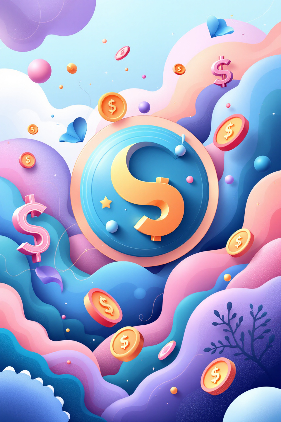 경제적 주제를 상징적으로 표현한 일러스트로, 파스텔 톤의 배경 위에 떠다니는 달러 기호와 동전이 나타나 있습니다. 화려한 색감의 구름과 동전들이 경제와 금융 시장의 유동성을 상징하며, 밝고 역동적인 분위기가 특징입니다