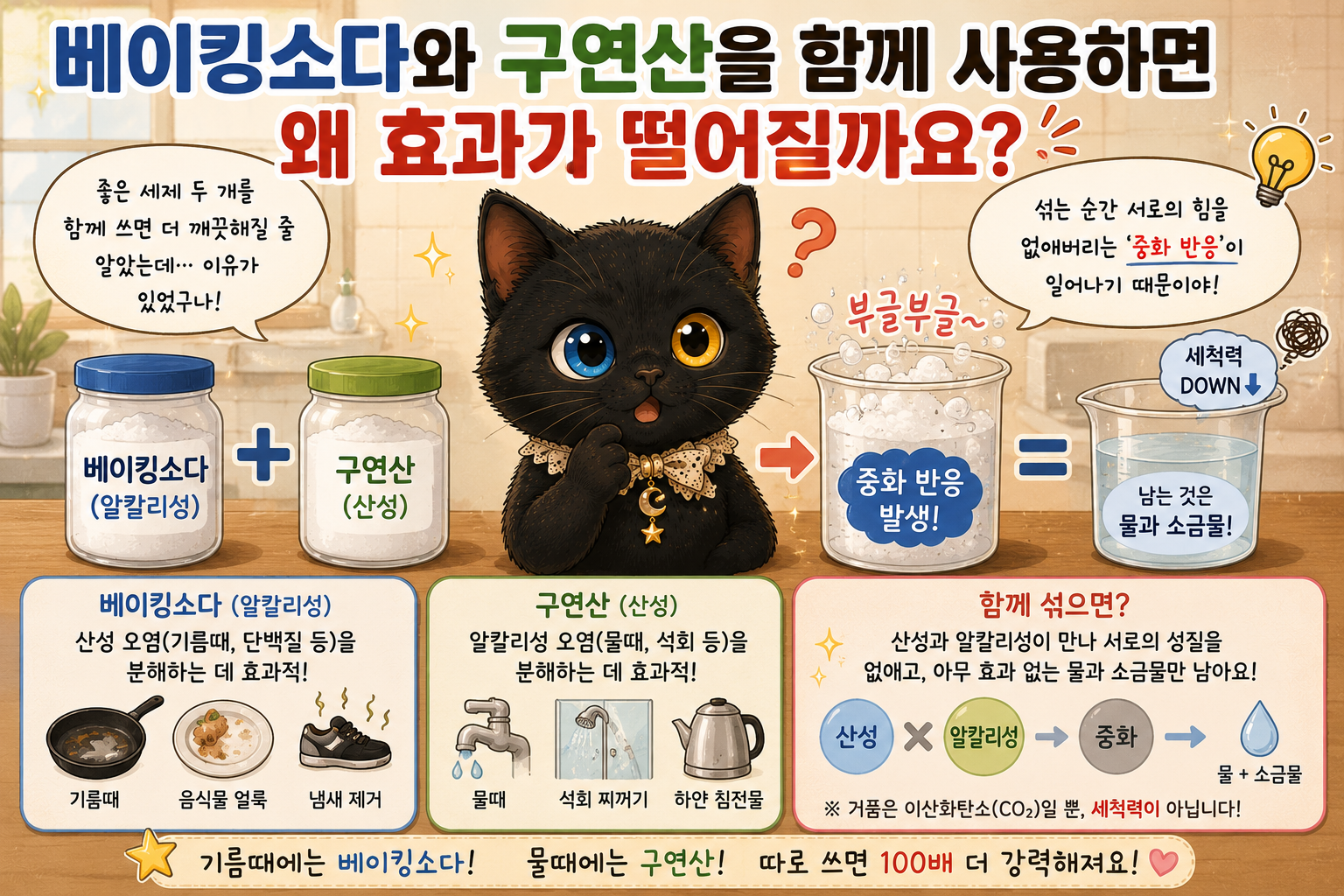 베이킹소다와 구연산을 함께 사용하면 왜 효과가 떨어질까요?