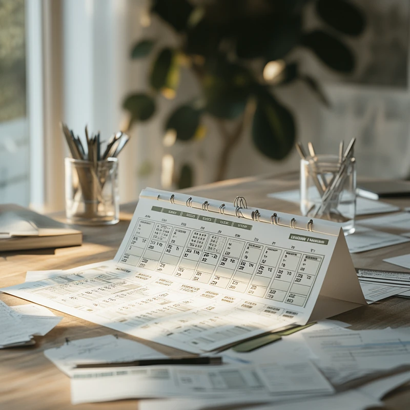 미국 ETF로부터 매달 꾸준한 배당 소득을 상징하는 스타일화된 달력 옆에 세금 문서가 정리되어 있습니다. 따뜻한 빛이 비추는 개인 연구실에서 체계적이고 희망적인 분위기를 자아냅니다.
