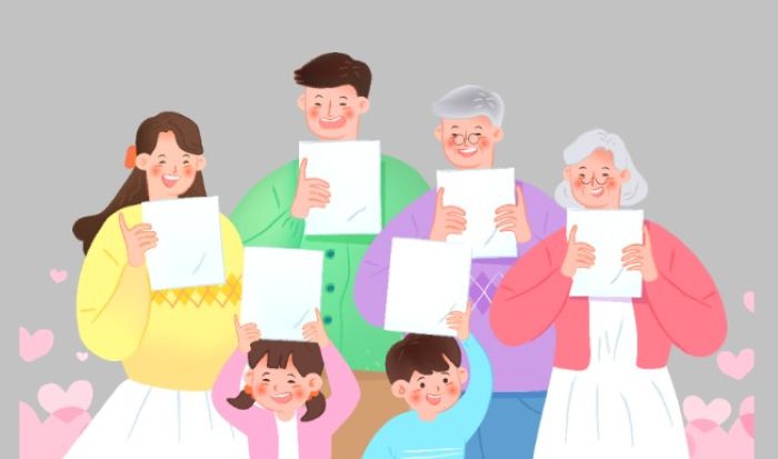 전 국민을 대상으로 한 보편적 기본소득을 상징하는 다세대 가족 일러스트