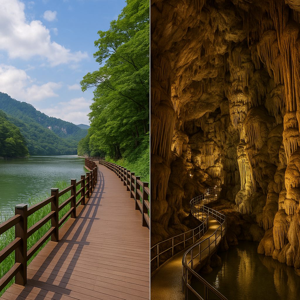동굴 사진과 강이 보이는 사진