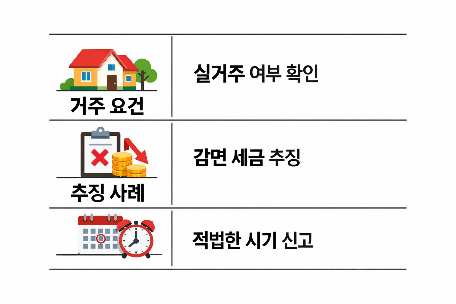 실거주 요건 확인, 감면 세금 추징 위험, 적절한 시기 신고 등 감면 대상자가 꼭 확인해야 할 점을 정리한 이미지