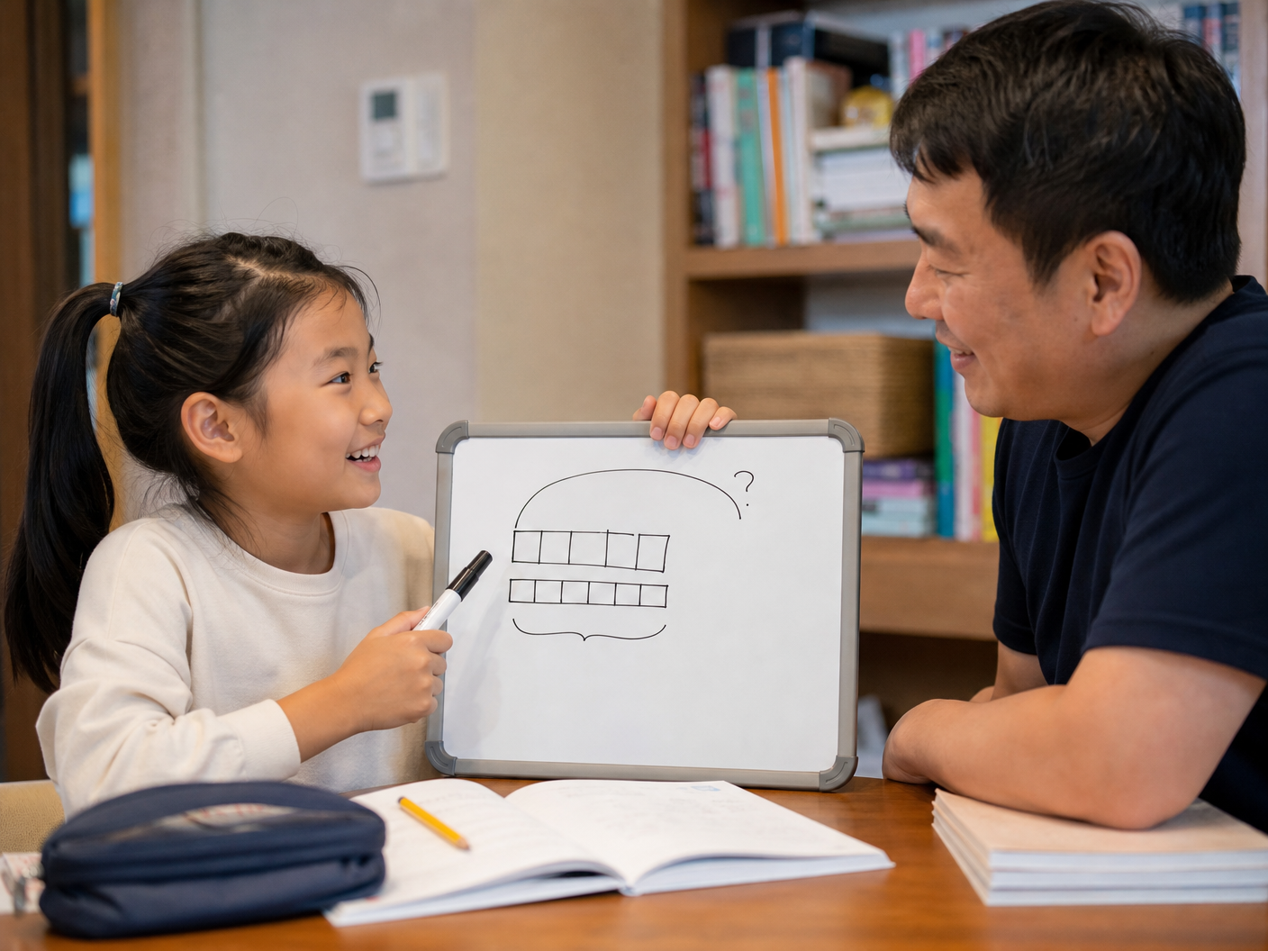 <p>수학 문제를 많이 풀기만 한다고 실력이 늘까요? 정답은 '아니오'입니다. 아이가 문제를 풀 수 있어도 그 원리를 모른다면 응용 문제에서 막히게 됩니다. 이때 가장 효과적인 방법이 바로 <b>거꾸로 학습법(Flipped Learning)</b>입니다.</p>
 <img src="https://files.manuscdn.com/user_upload_by_module/session_file/310519663560463838/lHnYJfMeYANJYbHf.png" alt="하브루타 수학 학습" style="width:100%; max-width:800px; display:block; margin: 20px auto; border-radius: 10px;">
 <h3>설명할 수 없다면 모르는 것입니다</h3>
 <p>아이가 오늘 배운 수학 단원의 핵심 개념을 부모님께 설명하게 해보세요. "분수의 덧셈은 왜 분모를 똑같이 맞춰야 할까?"와 같은 질문을 던져주시면 됩니다. 아이가 논리적으로 설명하는 과정에서 자신의 지식 중 부족한 부분을 스스로 깨닫게 되는데, 이것이 바로 <b>메타인지</b>의 핵심입니다.</p>
 <table style="width: 100%; border-collapse: collapse; margin: 20px 0;">
 <tr style="background-color: #f8f9fa;">
 <th style="border: 1px solid #ddd; padding: 12px;">단계</th>
 <th style="border: 1px solid #ddd; padding: 12px;">활동 내용</th>
 </tr>
 <tr>
 <td style="border: 1px solid #ddd; padding: 12px;">1단계: 개념 읽기</td>
 <td style="border: 1px solid #ddd; padding: 12px;">교과서의 개념 설명을 소리 내어 읽습니다.</td>
 </tr>
 <tr>
 <td style="border: 1px solid #ddd; padding: 12px;">2단계: 예제 풀이</td>
 <td style="border: 1px solid #ddd; padding: 12px;">기초 예제를 풀며 원리를 적용해 봅니다.</td>
 </tr>
 <tr>
 <td style="border: 1px solid #ddd; padding: 12px;">3단계: 설명하기</td>
 <td style="border: 1px solid #ddd; padding: 12px;">화이트보드나 노트를 활용해 선생님처럼 강의합니다.</td>
 </tr>
 </table>
 <p>이 방법은 수학에 대한 공포심을 줄여주고, 스스로 문제를 해결할 수 있다는 자신감을 심어줍니다. 오늘 저녁, 아이의 첫 번째 학생이 되어주시는 건 어떨까요?</p>