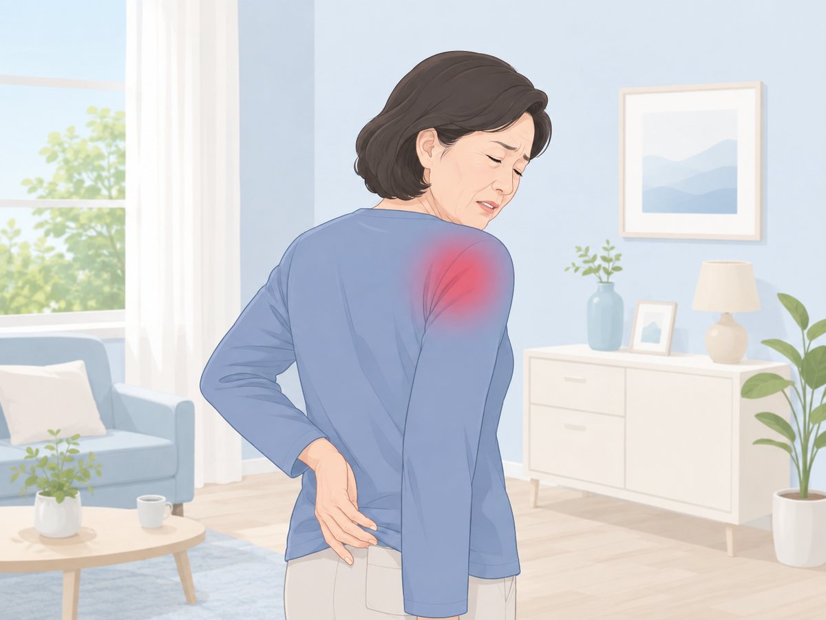 거실에서 손을 등 뒤 허리로 돌려 뒷짐을 지려다 어깨 통증에 찡그리는 중년 여성, 오십견 동작 제한