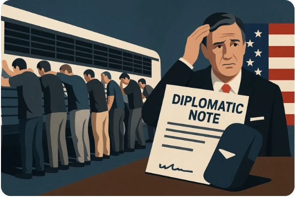 구금시설과 외교 문서가 함께 표현된 갈등과 유감의 상징적 이미지