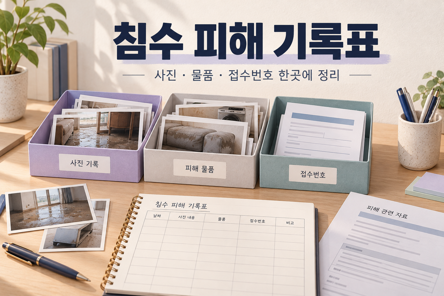 침수 피해 기록표 다운로드 - 사진·물품·접수번호 정리 양식