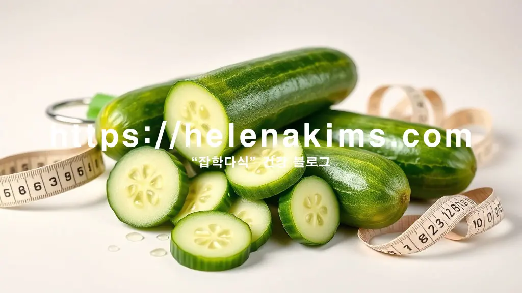 신선한 오이 여러 개가 깔끔한 배경, 오이 슬라이스, 다이어트 줄자가 조화롭게 어우러져 건강, 미용, 다이어트의 상징적인 효과를 시각화한 이미지.