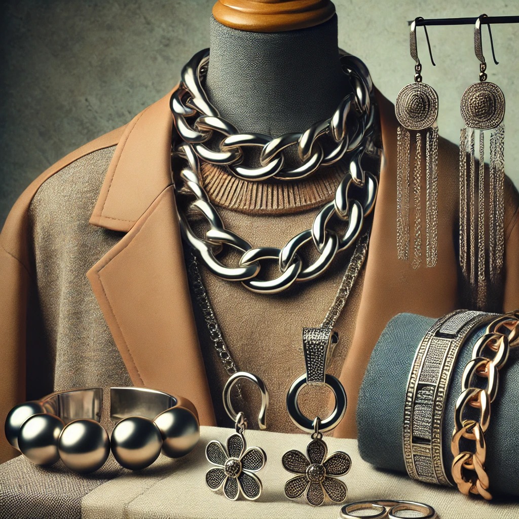 강렬한 체인 목걸이, 커다란 귀걸이, 청키한 팔찌 등 볼드한 액세서리가 돋보이는 이미지입니다. 이 눈에 띄는 조각들은 단순한 가을 복장에 강렬하고 세련된 터치를 더해 이번 시즌에 돋보이는 룩을 연출합니다.