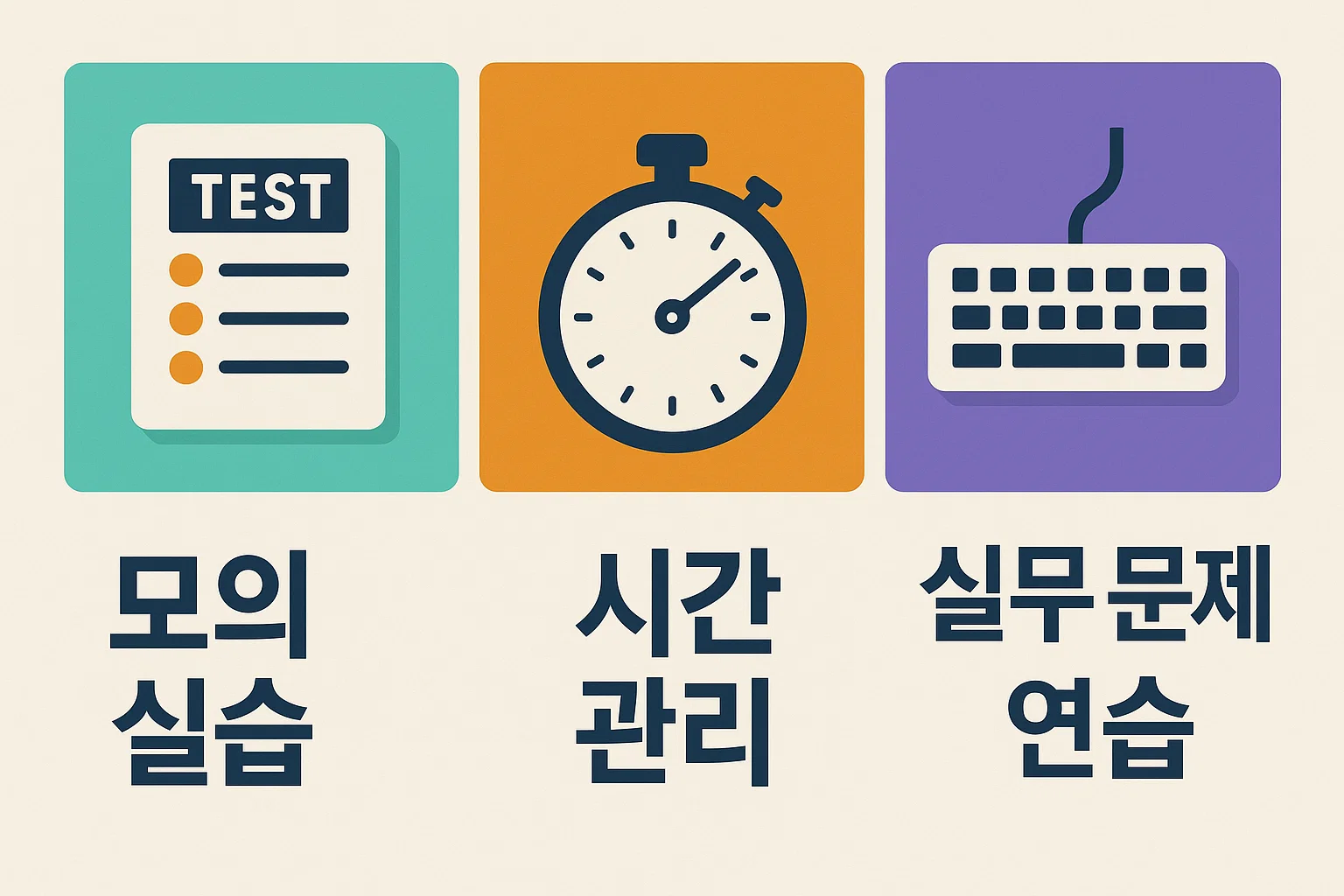 컴활2급 실기 합격을 위한 모의 실습, 시간 관리, 실무문제 연습 전략을 정리한 인포그래픽 이미지로, 실제 시험에 필요한 준비 방법을 구체적으로 안내