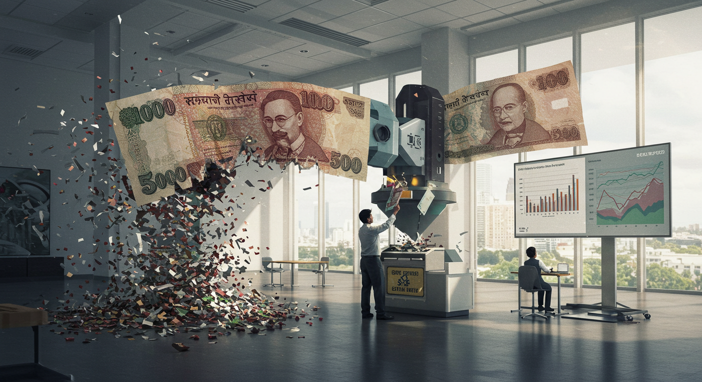 화폐개혁 과정에서 붕괴되는 지폐와 함께 자산의 흐름을 시각적으로 표현한 사무실 내 경제분석 장면