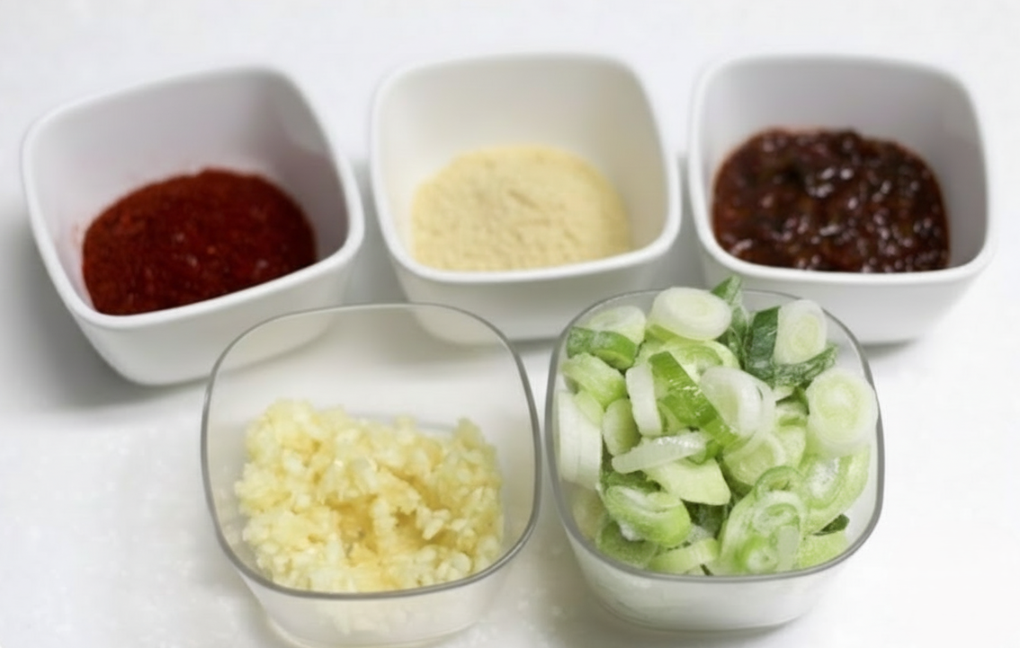 강된장 만들기 위한 정갈하게 손질된 다진 마늘과 대파 등 기본 식재료가 흰색 도자기 그릇에 담긴 모습