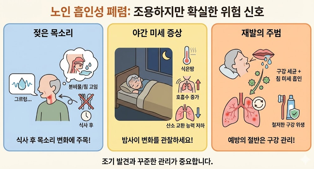 노인 흡입성 폐렴의 3대 위험 신호. 식사 후 젖은 목소리(그르렁), 야간 미세 증상(식은땀, 호흡수 증가), 구강 세균에 의한 재발 위험 및 구강 위생 관리의 중요성
