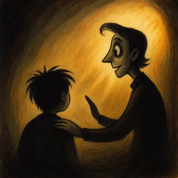 회복자 서포터즈 활동의 일환으로 한 사람이 따뜻하게 다른 사람을 지지하는 모습을 팀 버튼풍 감성으로 표현한 장면