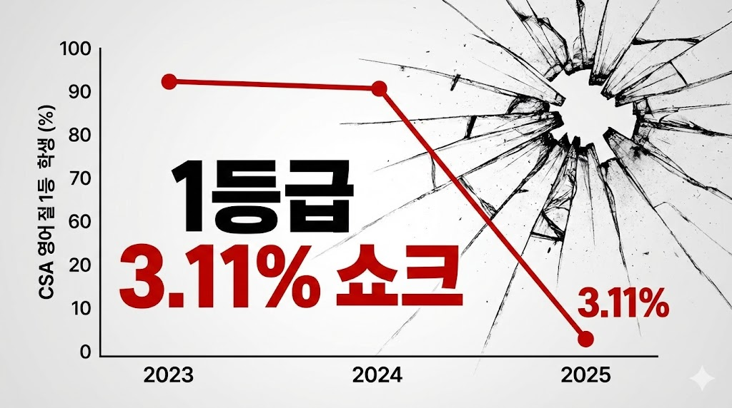 2025년 수능 영어 1등급 비율이 역대 최저치로 급락했음을 보여주는 그래프