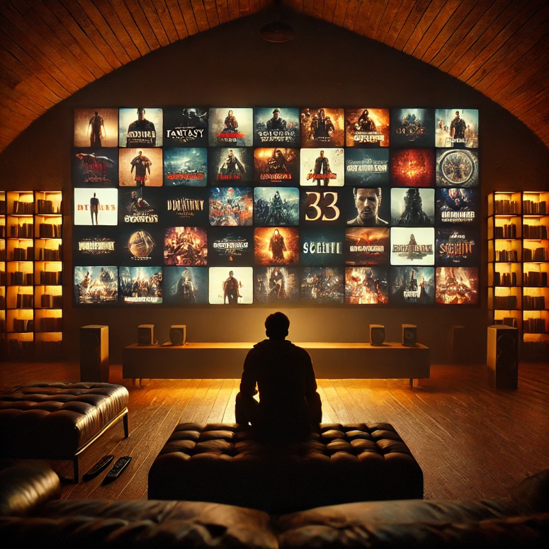 어두운 방에서 사람이 커다란 TV 화면을 바라보고 있음