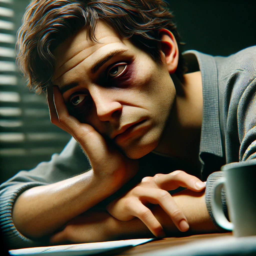 불규칙한 생활 패턴으로 가속노화가 오는 사람의 모습. 다크서클