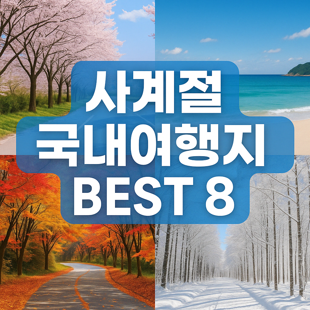 사계절 국내여행지 BEST 8이라는 문구가 중앙에 강조된 썸네일 이미지로, 네 구역에 봄 벚꽃길, 여름 바다, 가을 단풍길, 겨울 눈 덮인 자작나무 숲의 풍경이 계절별로 나뉘어 조화롭게 배치되어 있습니다.