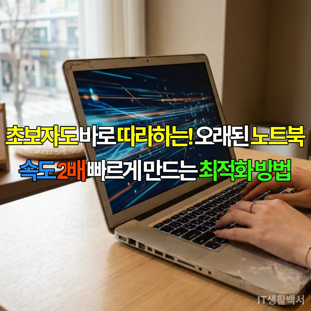 책상 위에 놓인 오래된 노트북이 빠르게 작동하는 모습을 보여주는 이미지. 한국인의 손이 키보드에 놓여있다.