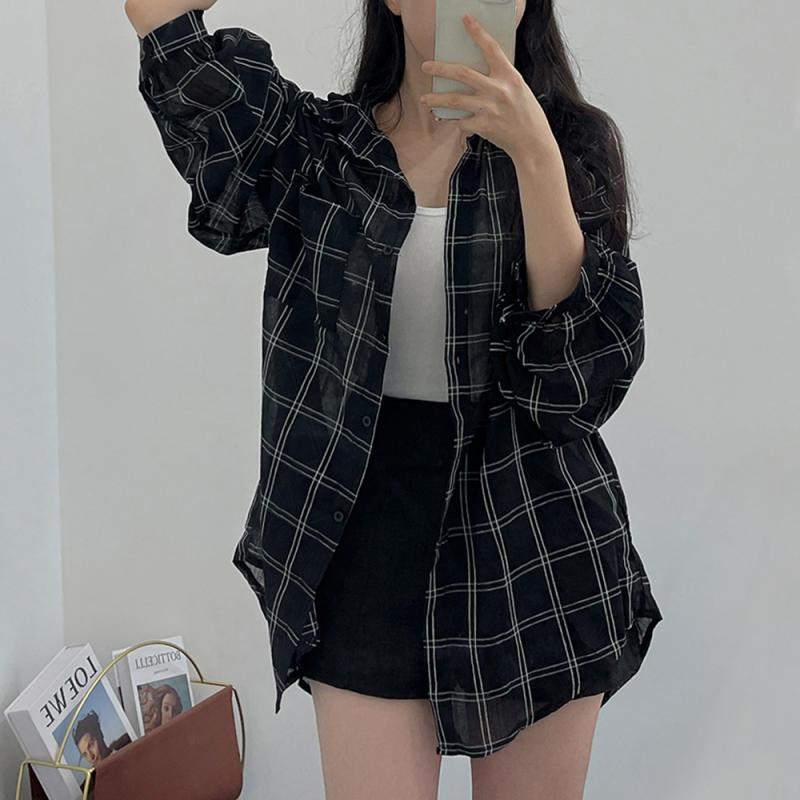 여름 루즈핏 거즈면 여성 체크 남방 셔츠