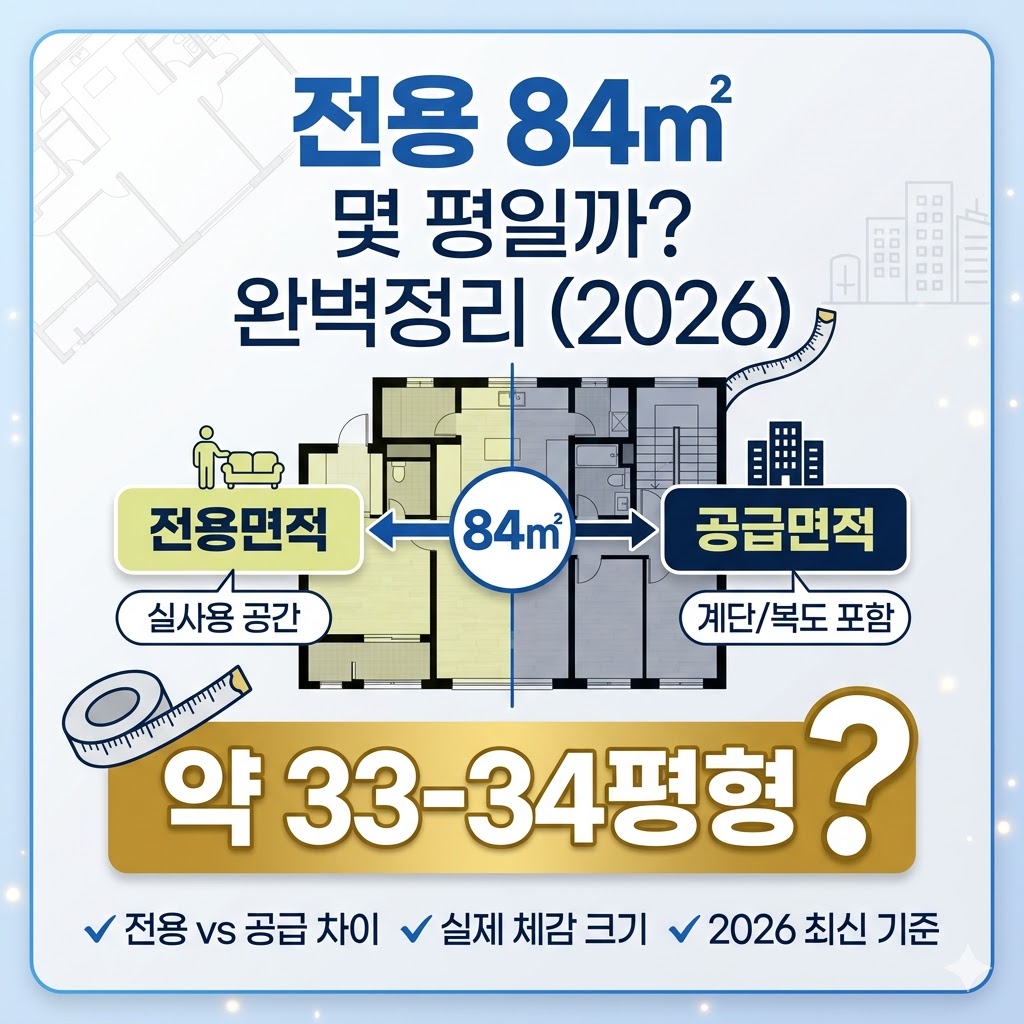전용 84㎡의 평수 환산과 전용&middot;공급면적 차이를 설명하는 블로그 썸네일 이미지