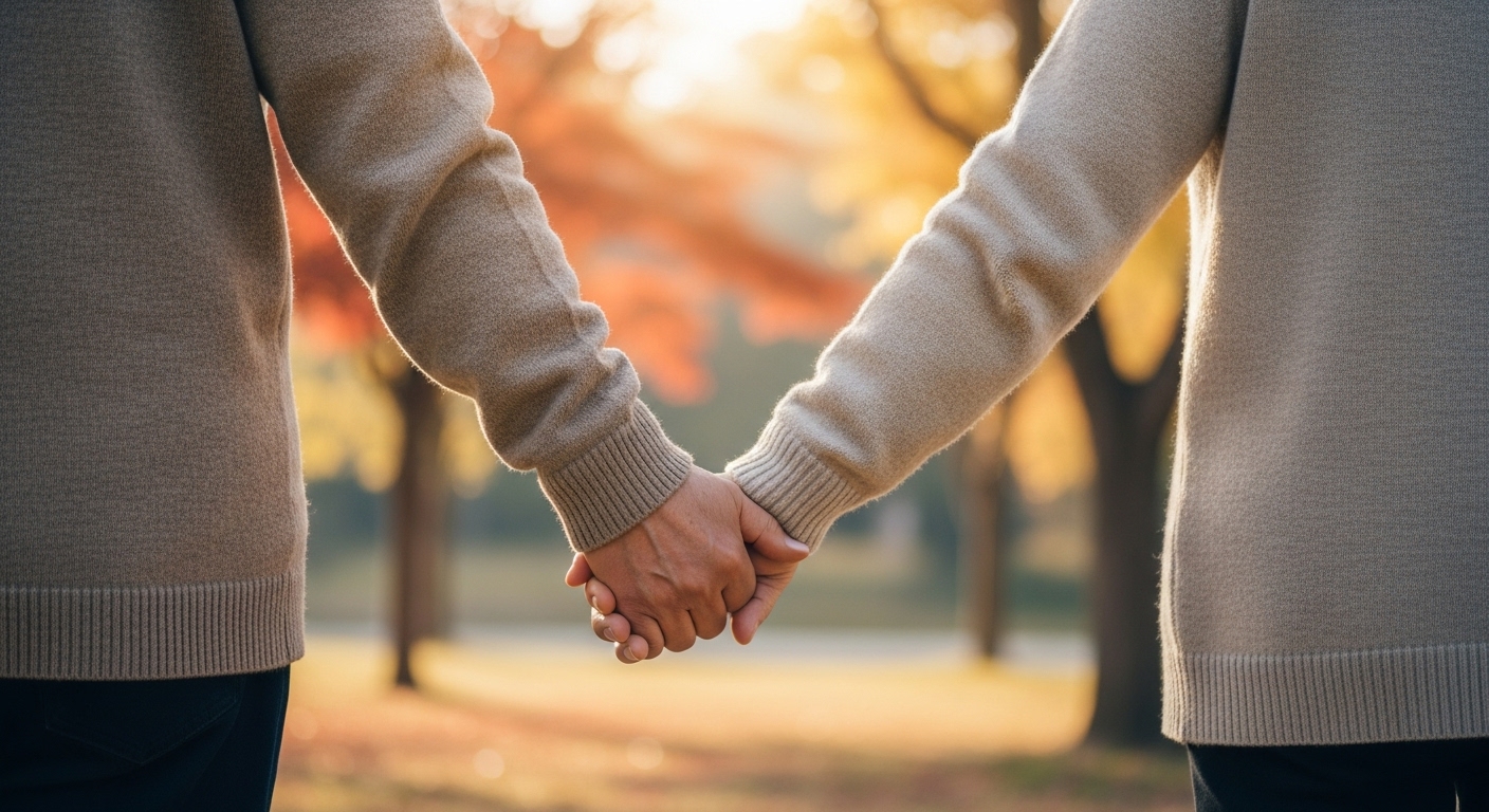 공원에서 다정하게 손을 잡고 걷는 한국인 노년 부부의 모습.