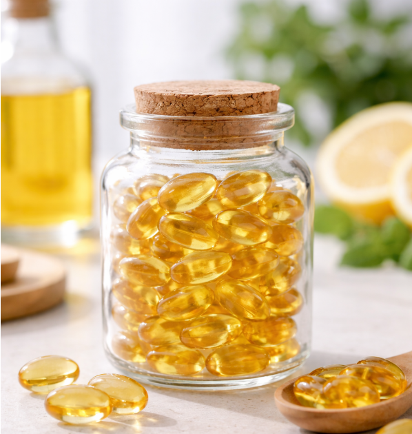 유리병에 담긴 금빛 오메가3 캡슐과 나무 스푼 위의 소량의 캡슐. 자연광 아래 신선한 레몬과 허브가 배경에 있어 건강한 라이프스타일을 연상시킴.