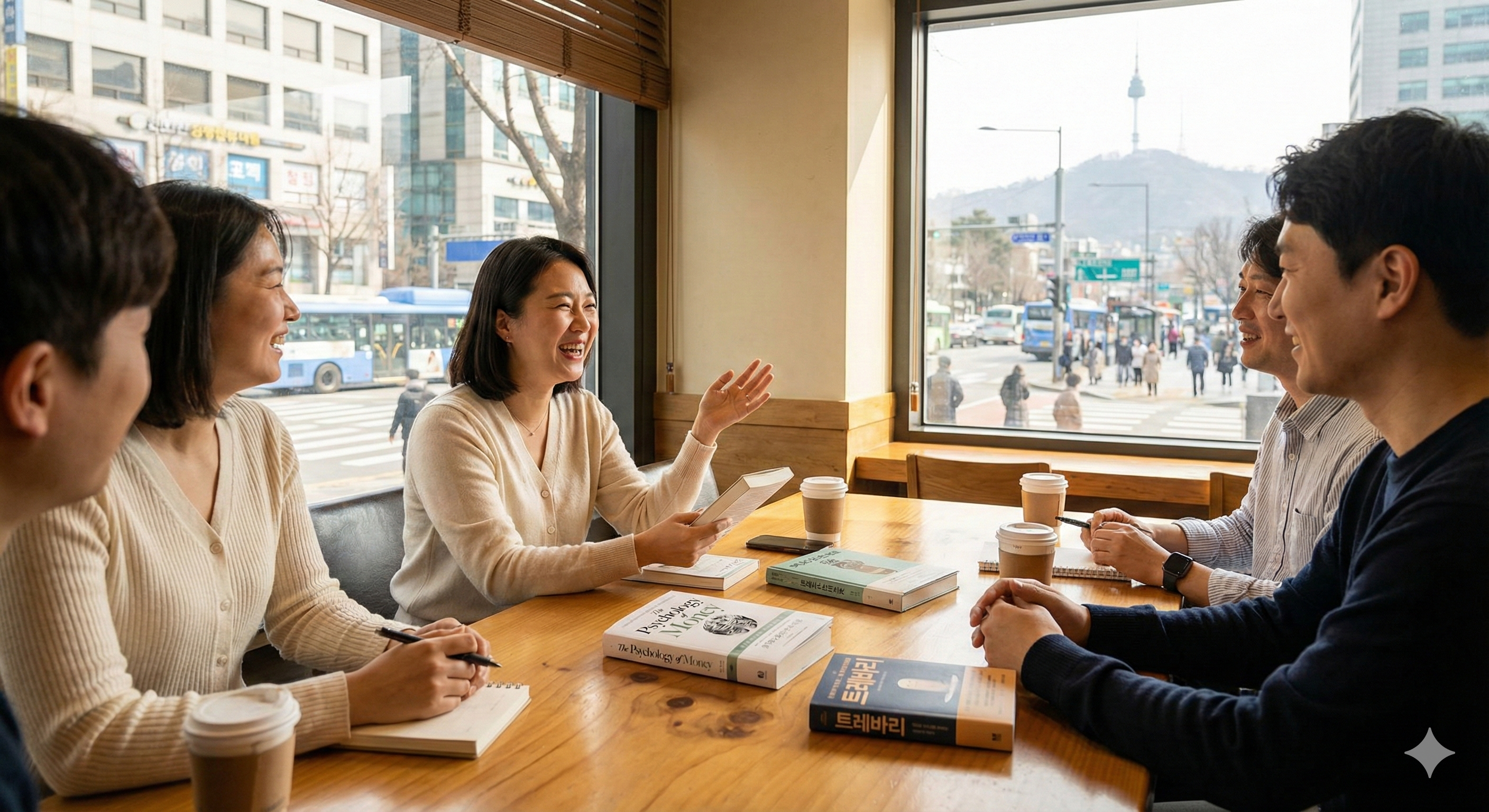 직장인들이 독서모임에서 발표하는 모습