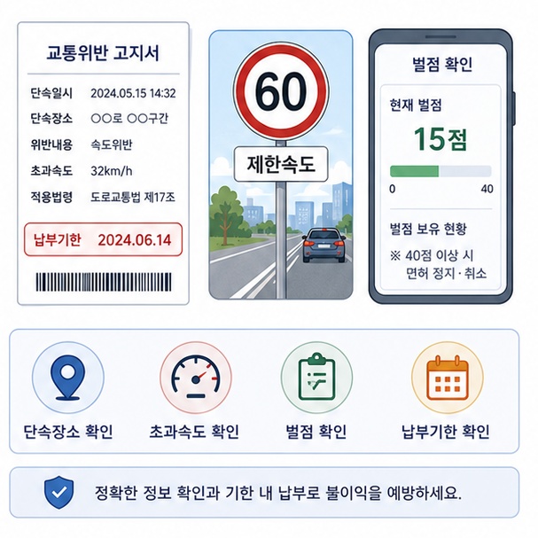 속도위반 고지서를 받은 뒤 단속장소와 초과속도, 벌점, 납부기한을 확인하는 모습을 보여주는 그림