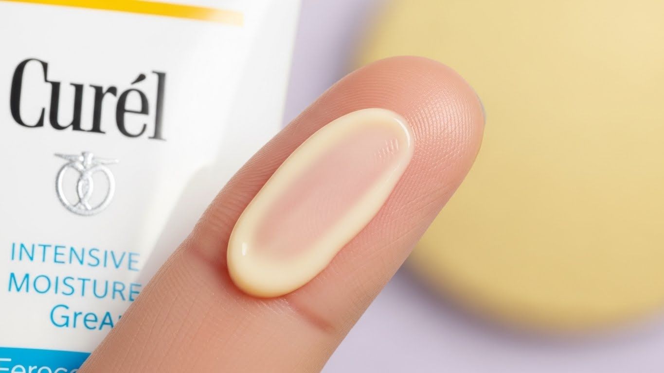 큐렐 인텐시브 모이스처 크림의 질감에 초점을 맞춘 매크로 샷으로, 부드럽고 풍부하지만 기름지지 않은 일관성을 보여줍니다.