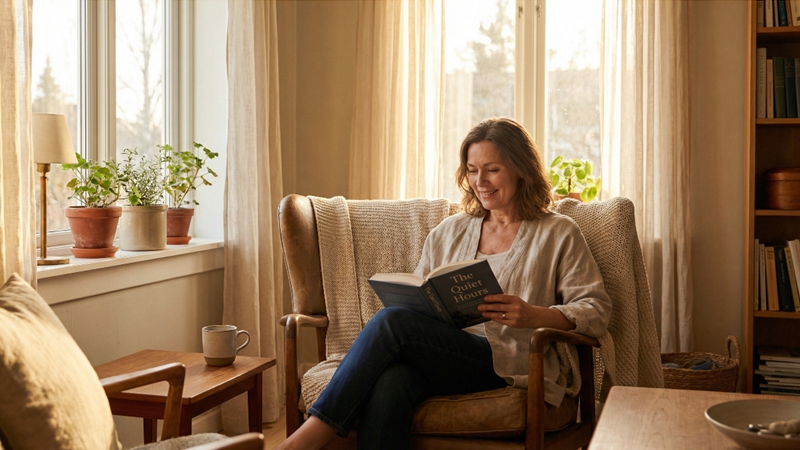 밤늦게 스마트폰을 보는 50대 여성과 잠들기 전 책을 읽으며 숙면을 취하는 모습이 대비되며, 건강한 수면 습관의 중요성을 보여줍니다.