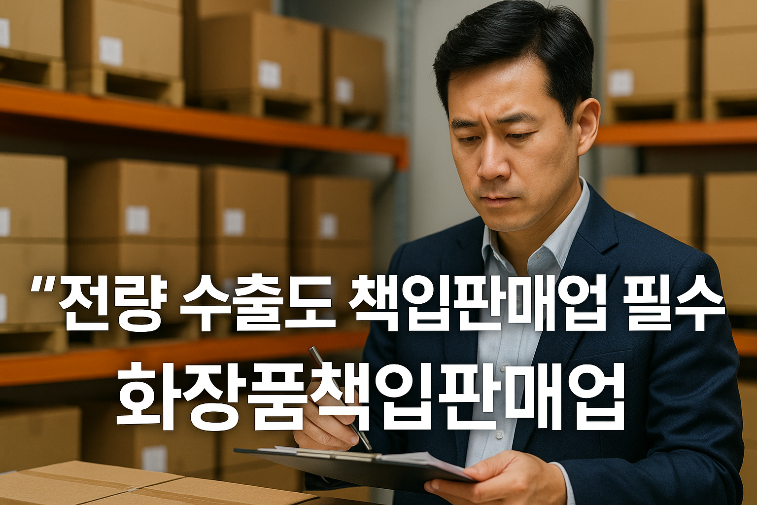 전량 수출용 화장품이라도 화장품책임판매업 등록이 필요하다는 내용을 강조하기 위해, 한국 남성 책임판매업 전문 담당자가 수출용 화장품 박스가 쌓인 창고에서 서류와 체크리스트를 꼼꼼히 검토하는 모습으로 수출용 화장품 규제, 책임판매업 등록 의무, 품질관리와 리스크 관리를 시각적으로 표현한 이미지