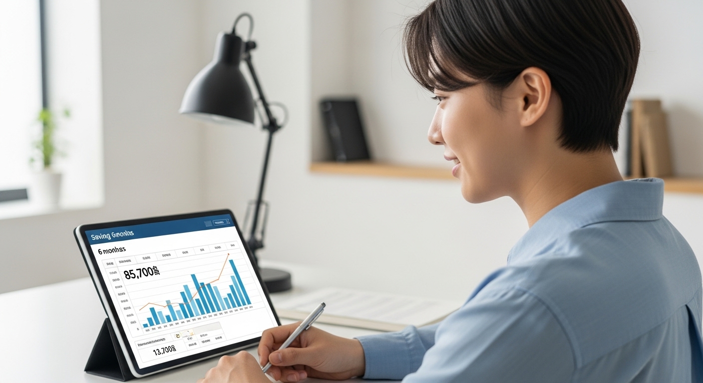 6개월 절약 챌린지 후 재정 그래프를 확인하며 만족하는 한국인.