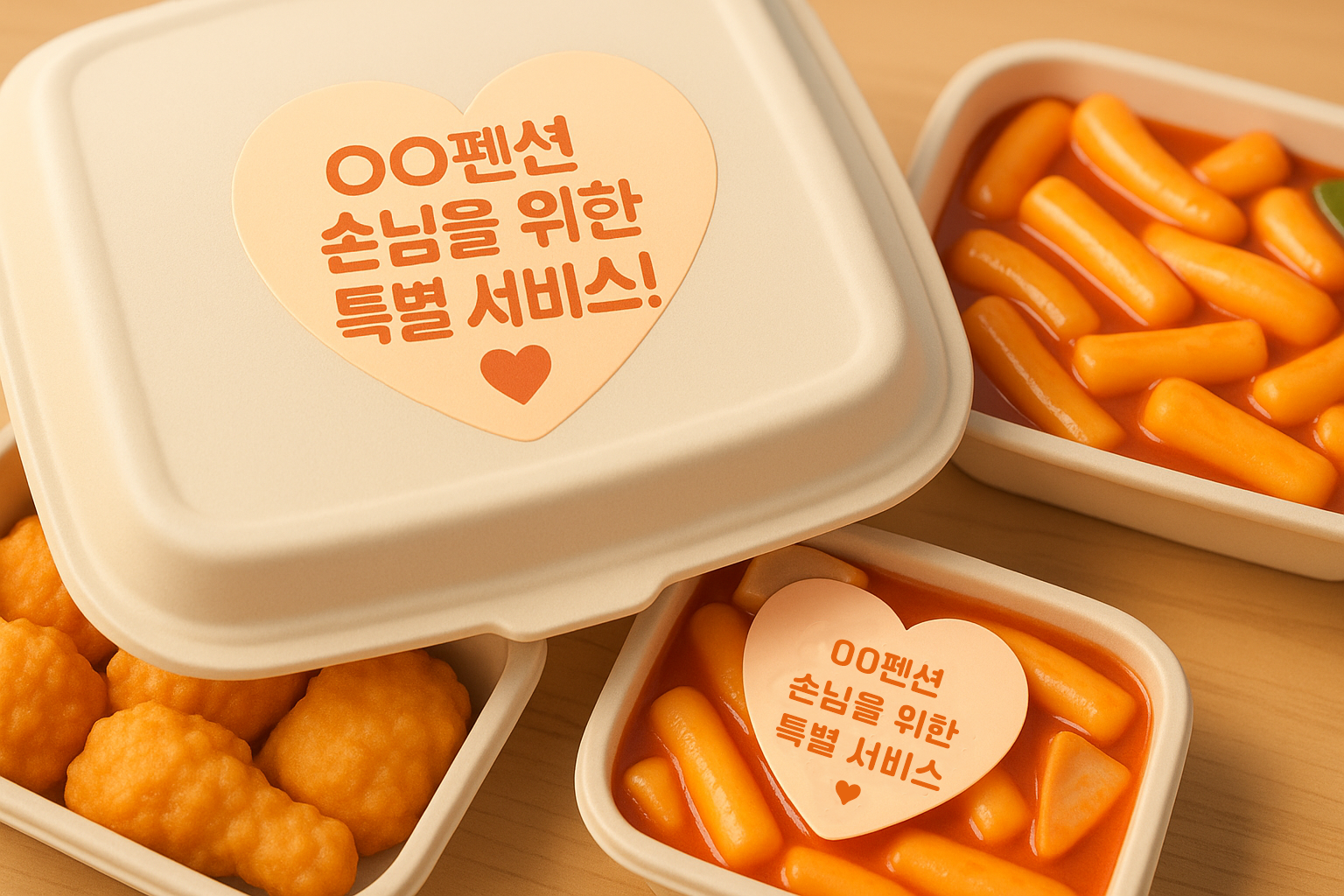 배달음식 포장 위에 'OO펜션 손님을 위한 특별 서비스' 스티커가 붙어있는 모습