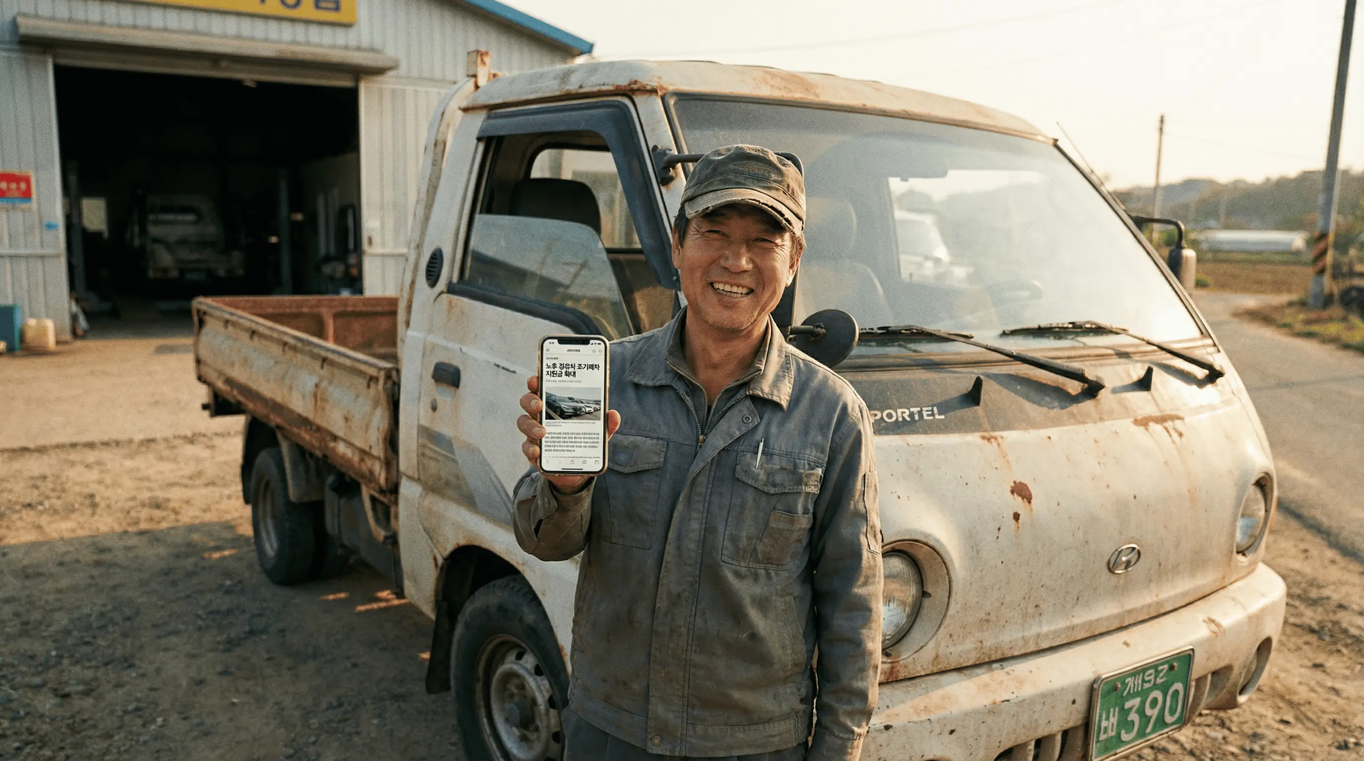 오래된 경유차 앞에서 스마트폰으로 지원금 소식을 확인하고 안도하는 차주의 모습