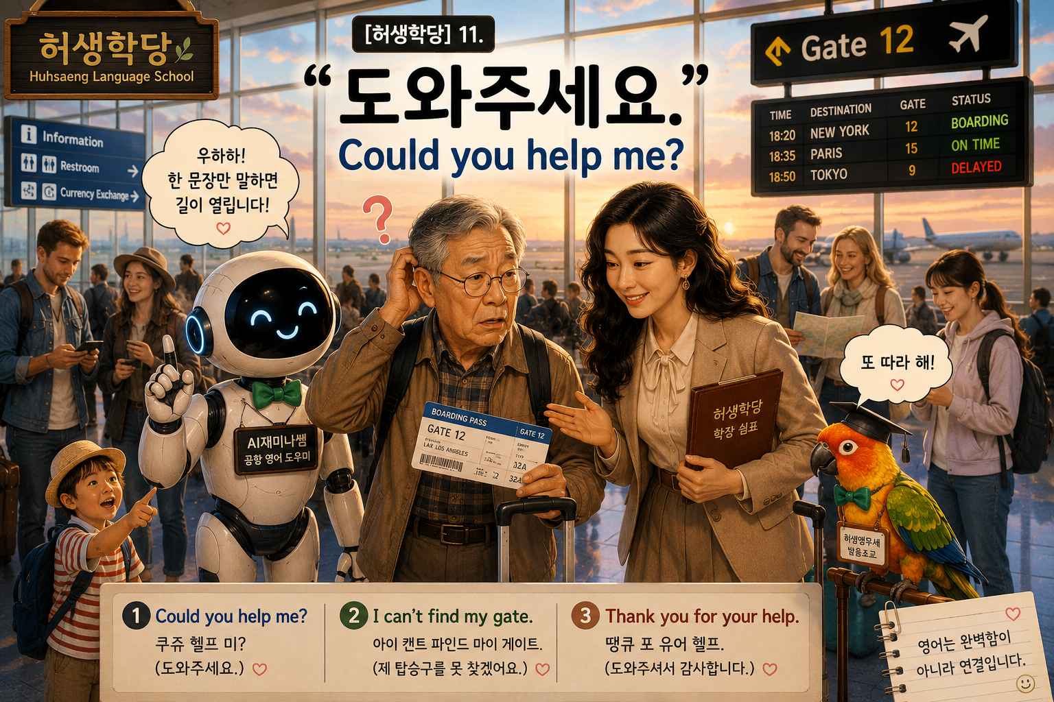 허생공항에서 탑승구를 찾지 못한 학우가 AI재미나쌤, 쉼표 학장, 허생앵무새와 함께 영어로 도움을 요청하는 문장을 배우는 모습