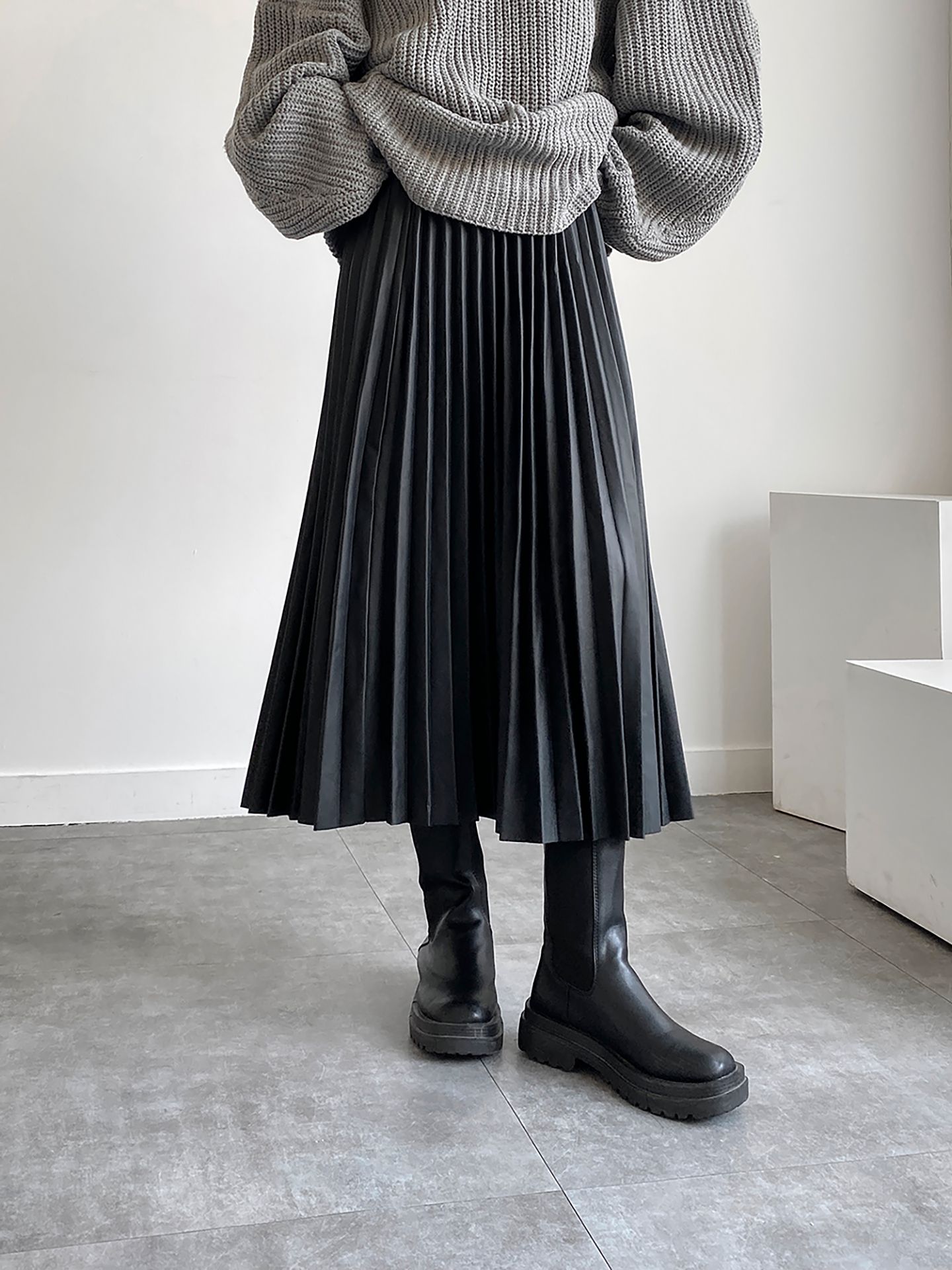 기모안감 주름 롱스커트 레자 가죽 플리츠 스커트