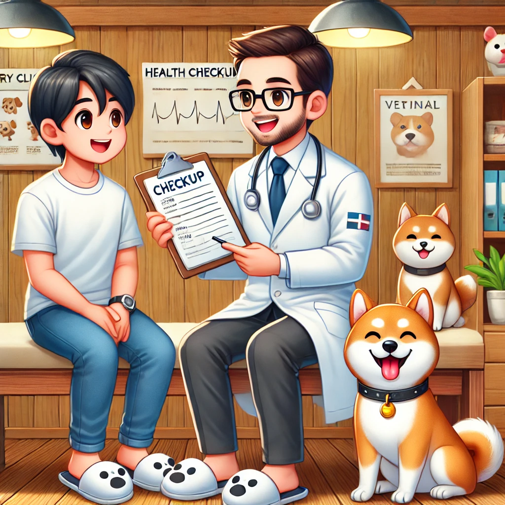A veterinarian explaining the pet’s health checkup results to the owner, while a happy Shiba Inu and a relaxed cat sit nearby