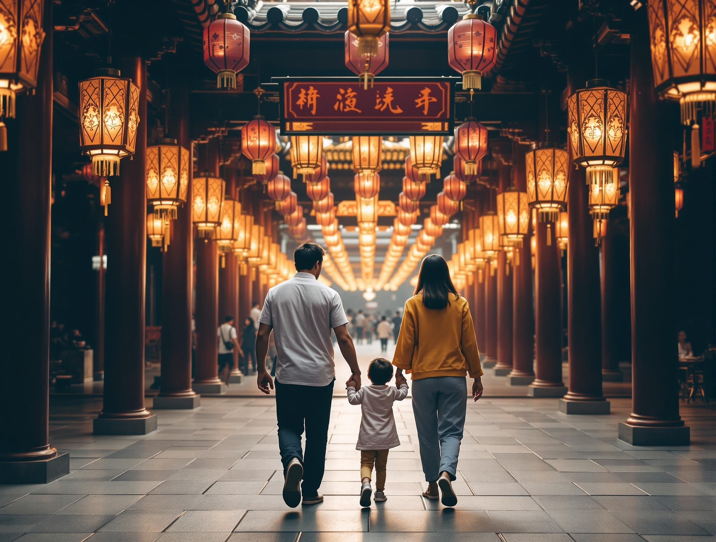 부모와 아이가 연등 아래 걷고 잇다.