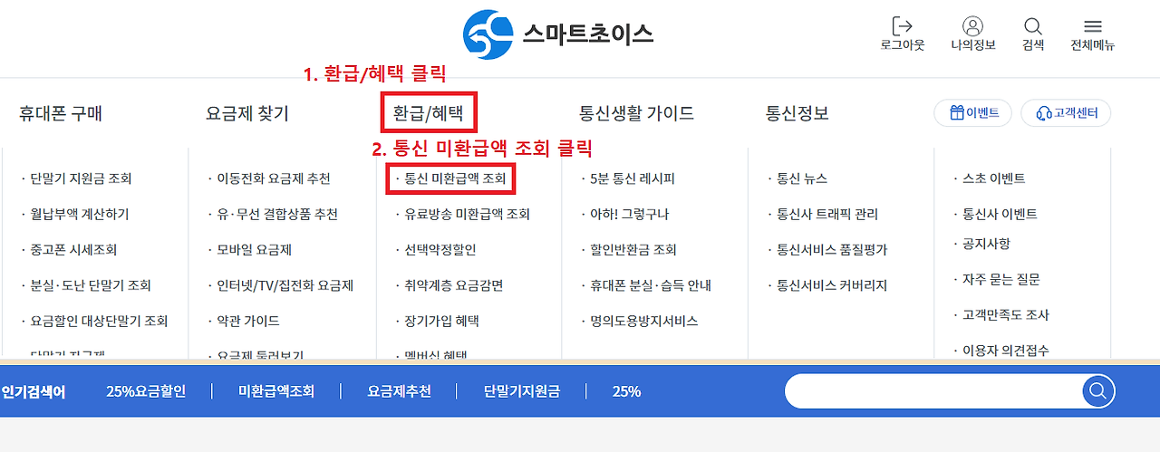 10. 스마트초이스 메인화면에서 환급 혜택 클릭 후 통신 미환급액 조회 클릭하기