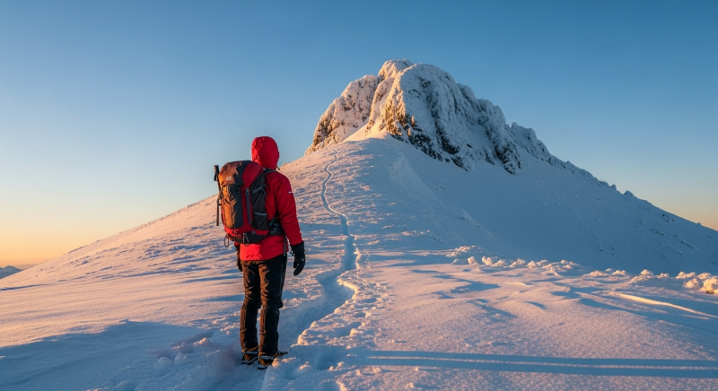 눈 덮인 산길을 걷고 있는 붉은 재킷을 입은 등산객과 아름다운 설경