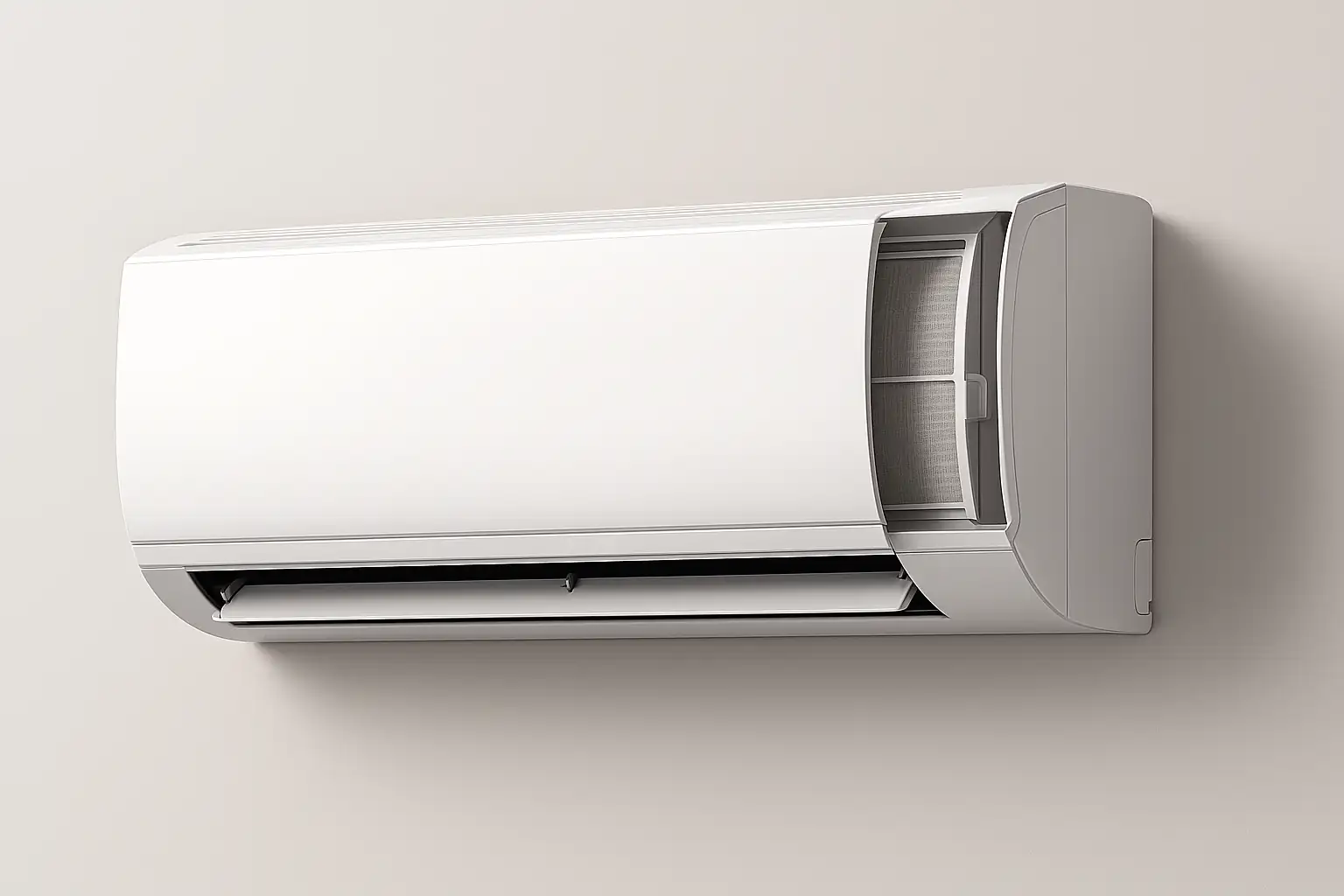 2025년형 최신 벽걸이 에어컨의 슬림하고 세련된 디자인과 함께, 셀프 청소를 위해 쉽게 분리될 수 있는 전면 패널 구조를 보여주는 예시 이미지