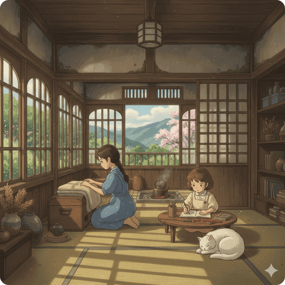 alt="감정을 품은듯한 옛 일본 시골집과 자매의 평화롭고 따뜻한 오후의 풍경을 표현한 일러스트."