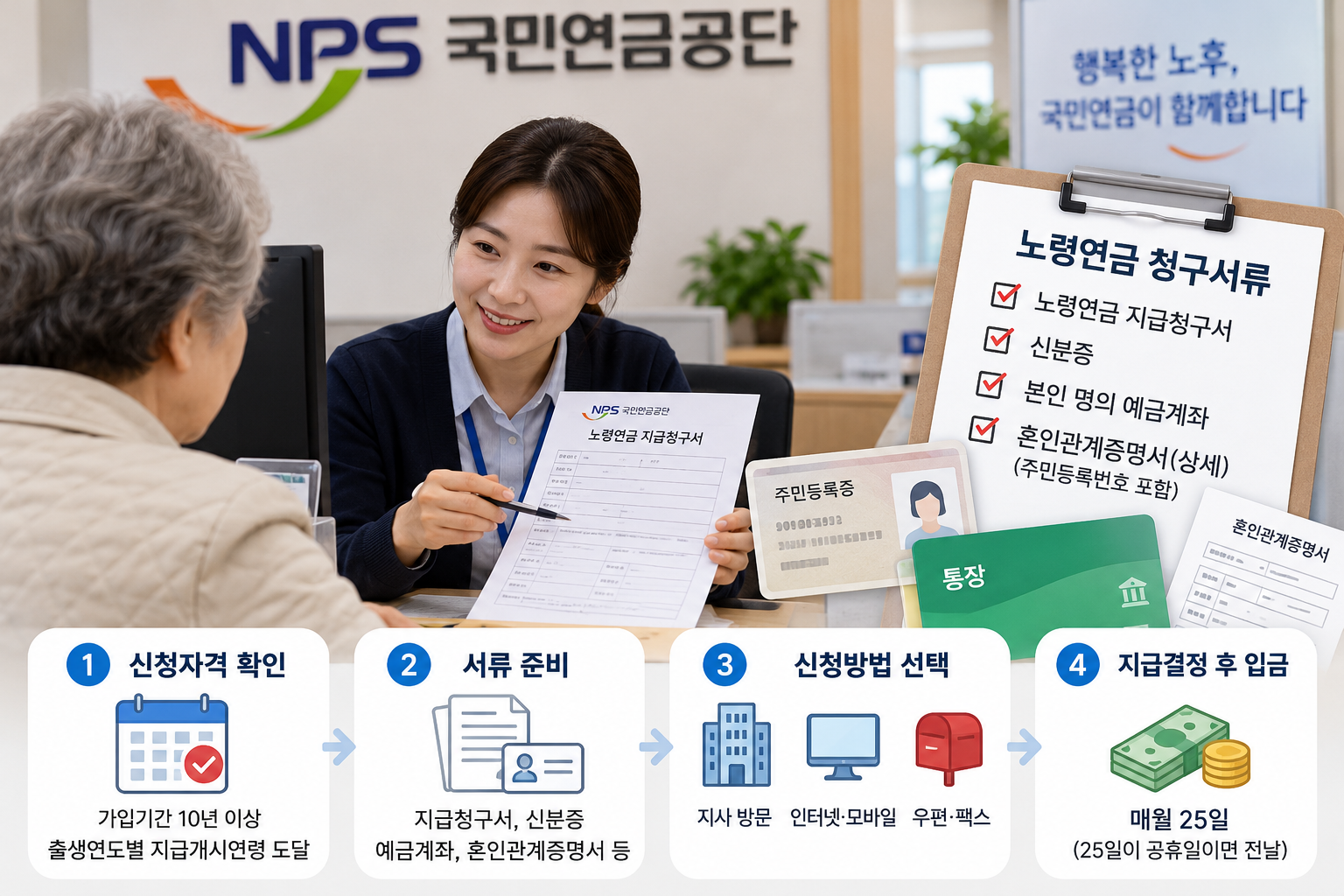 국민연금공단에서 노령연금을 신청하며 청구서류와 신청방법을 안내받는 모습