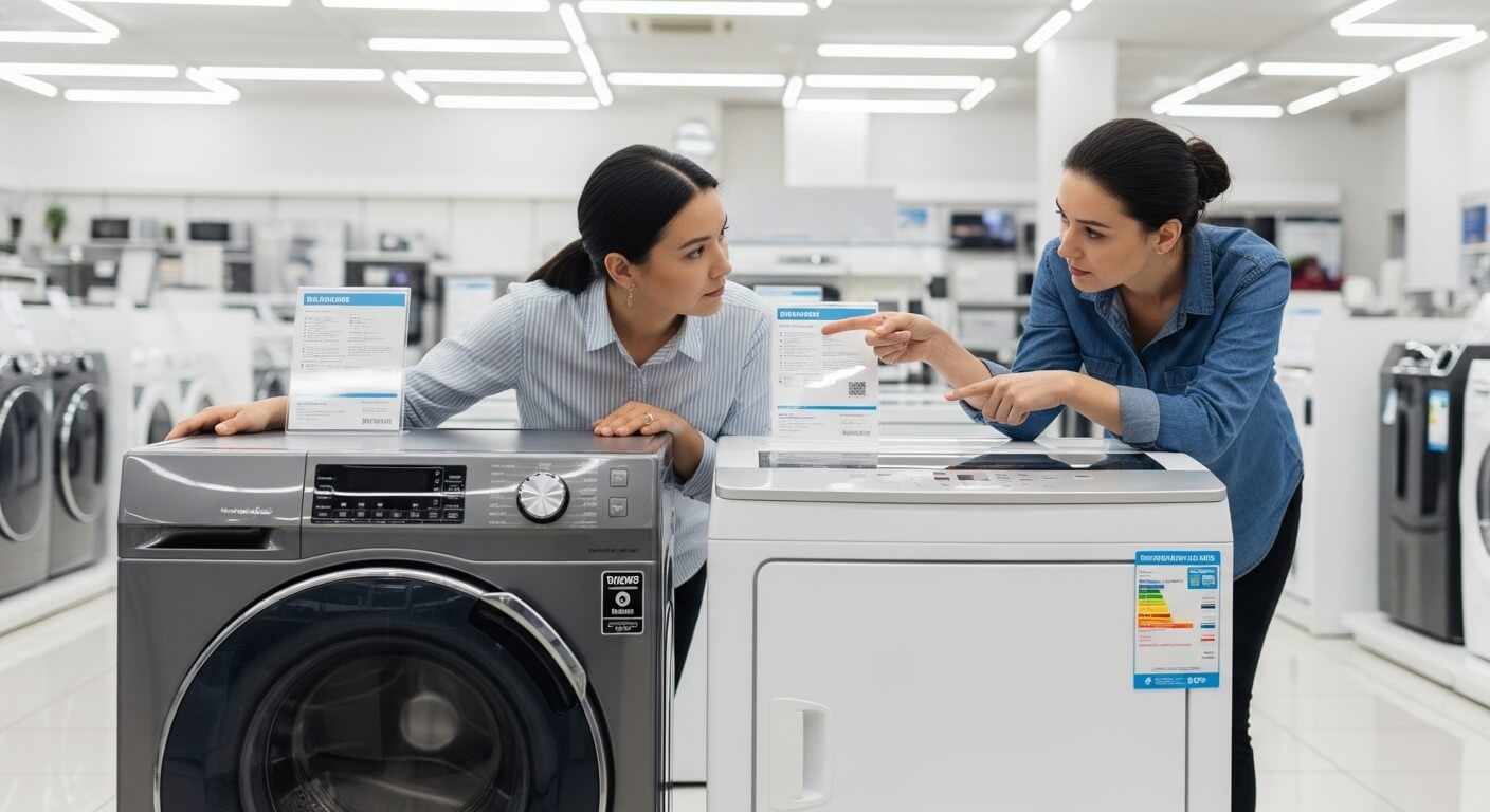 가전 매장에서 세탁기를 비교하며 상담하는 두 여성 