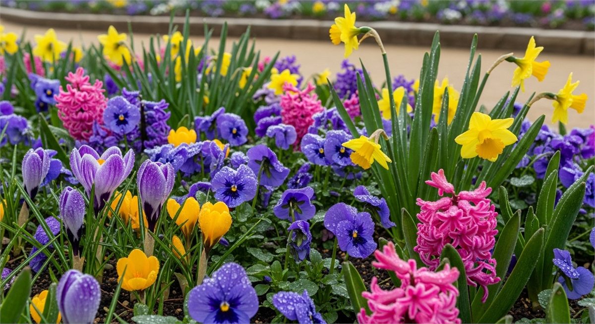 다양한 봄꽃이 한 화단에서 함께 피어 있는 장면 