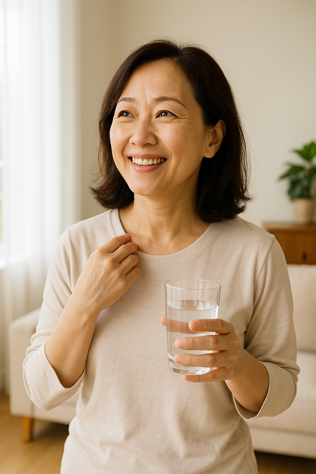 밝은 실내에서 환하게 웃으며 물을 마시는 중년여성의 모습