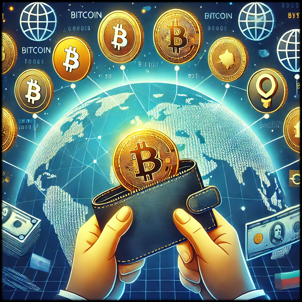 암호화폐를 글로벌 결제 수단으로 활용하는 모습을 표현한 이미지