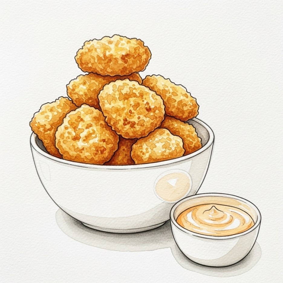 그릇에 담긴 먹음직스러운 황금빛 치킨 너겟