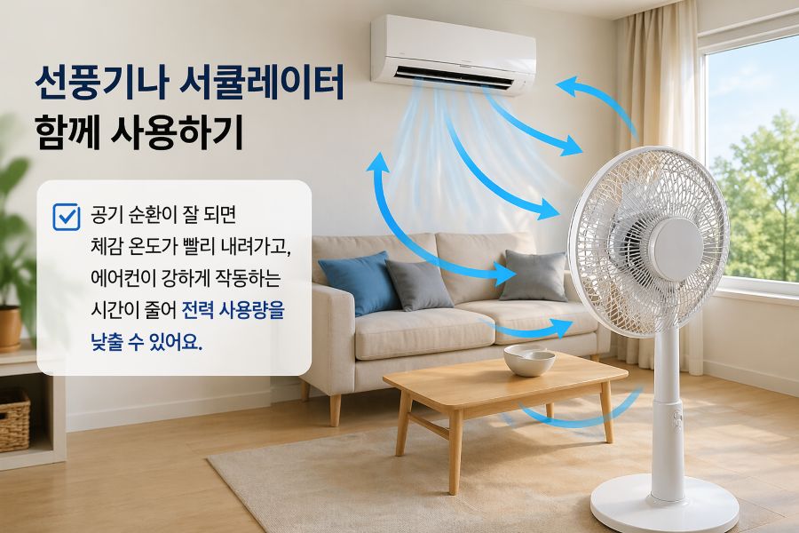 에어컨과 선풍기를 함께 사용해 공기 순환으로 냉방 효율을 높이는 방법